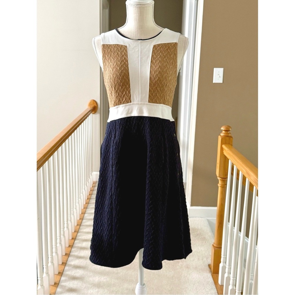 Maeve Anthropologie Colorblock Cable Texture Sleeveless Dress Black Tan White 8